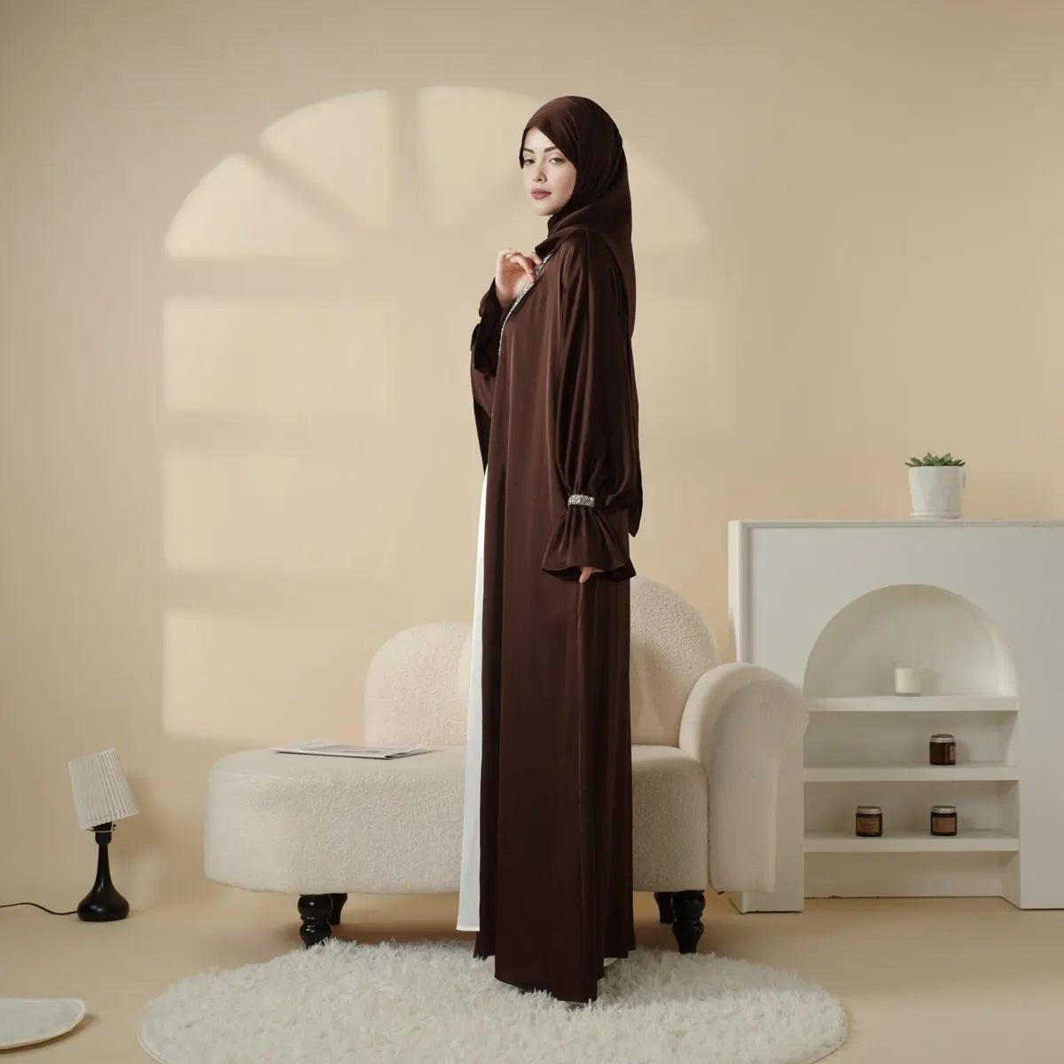 Satin Poet Sleeve Open Abaya Set – 4-Piece Modest Wear