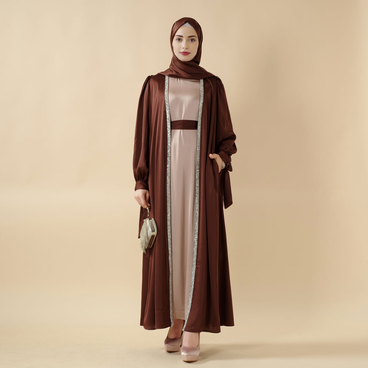 Bow Tie Sleeve 4-Piece Abaya Set – Diamond Satin Elegance
