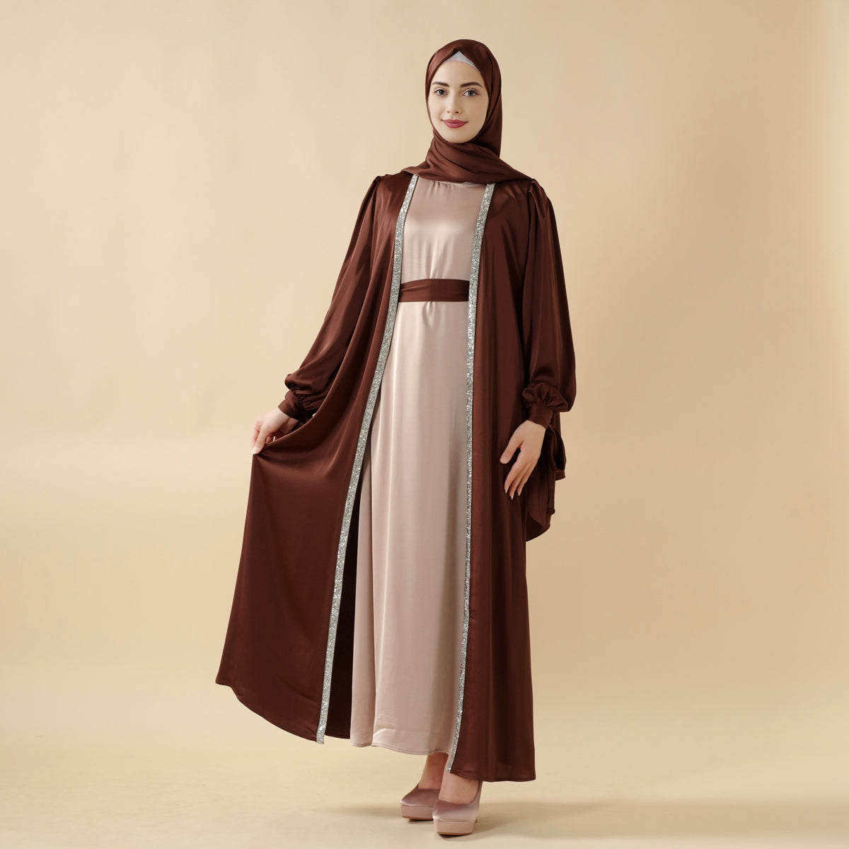 Bow Tie Sleeve 4-Piece Abaya Set – Diamond Satin Elegance