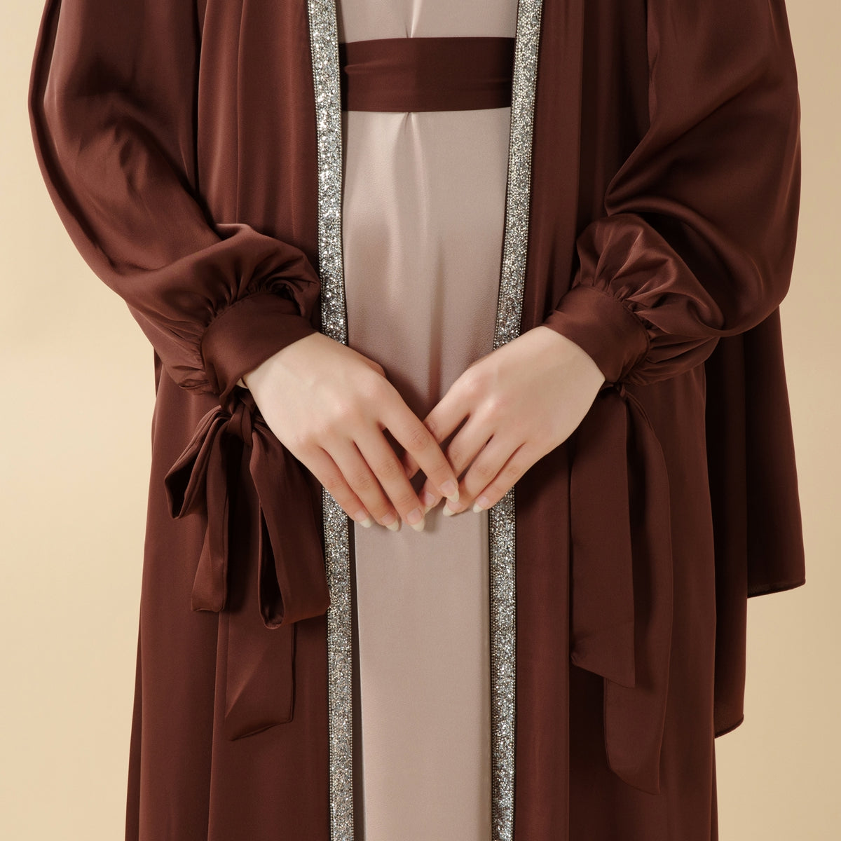Bow Tie Sleeve 4-Piece Abaya Set – Diamond Satin Elegance