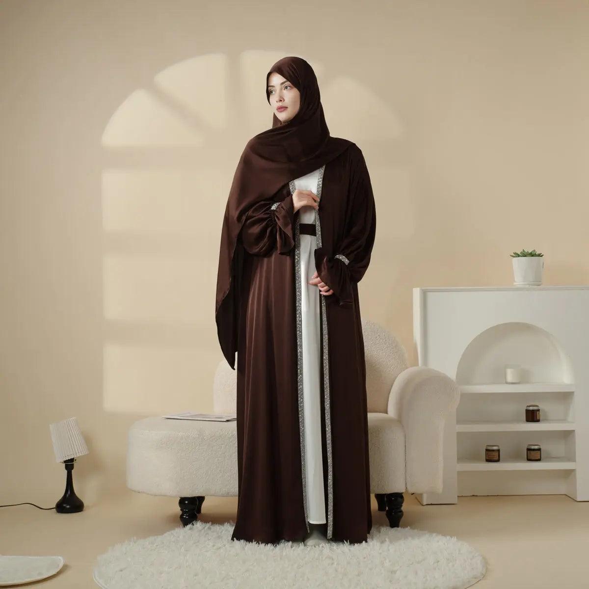 Satin Poet Sleeve Open Abaya Set – 4-Piece Modest Wear