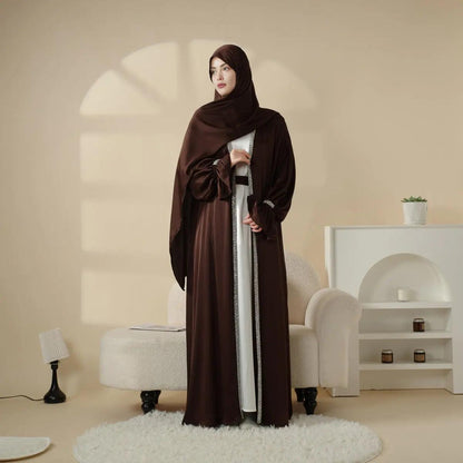 Satin Poet Sleeve Open Abaya Set – 4-Piece Modest Wear