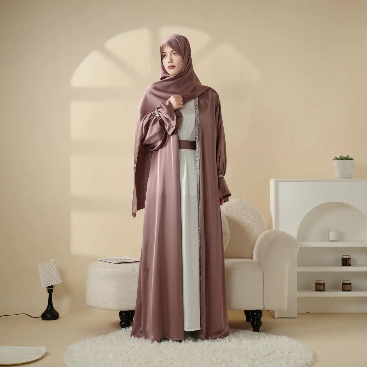 Satin Poet Sleeve Open Abaya Set – 4-Piece Modest Wear