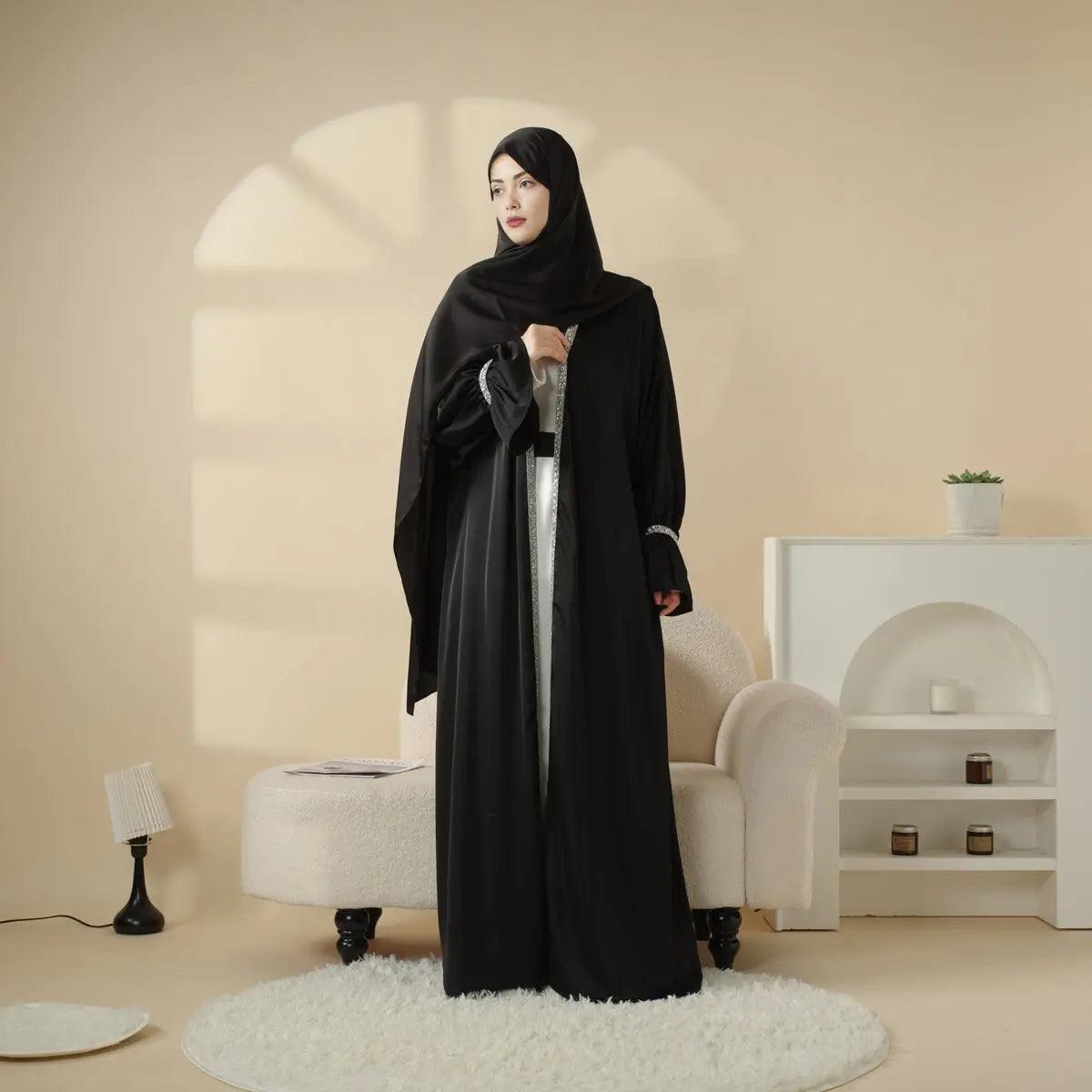 Satin Poet Sleeve Open Abaya Set – 4-Piece Modest Wear