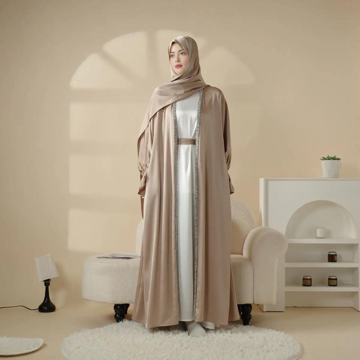 Satin Poet Sleeve Open Abaya Set – 4-Piece Modest Wear