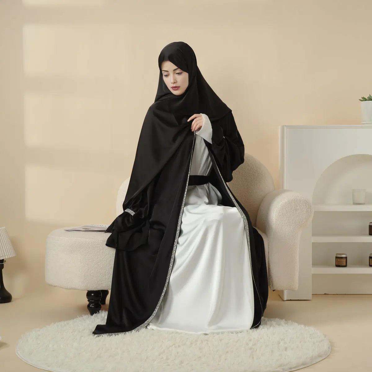 Satin Poet Sleeve Open Abaya Set – 4-Piece Modest Wear