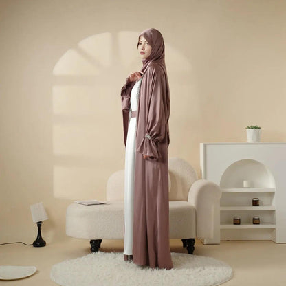 Satin Poet Sleeve Open Abaya Set – 4-Piece Modest Wear