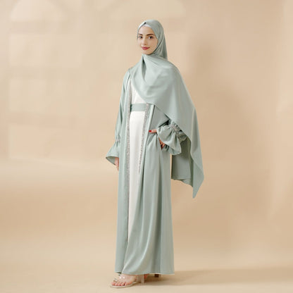 Satin Poet Sleeve Open Abaya Set – 4-Piece Modest Wear