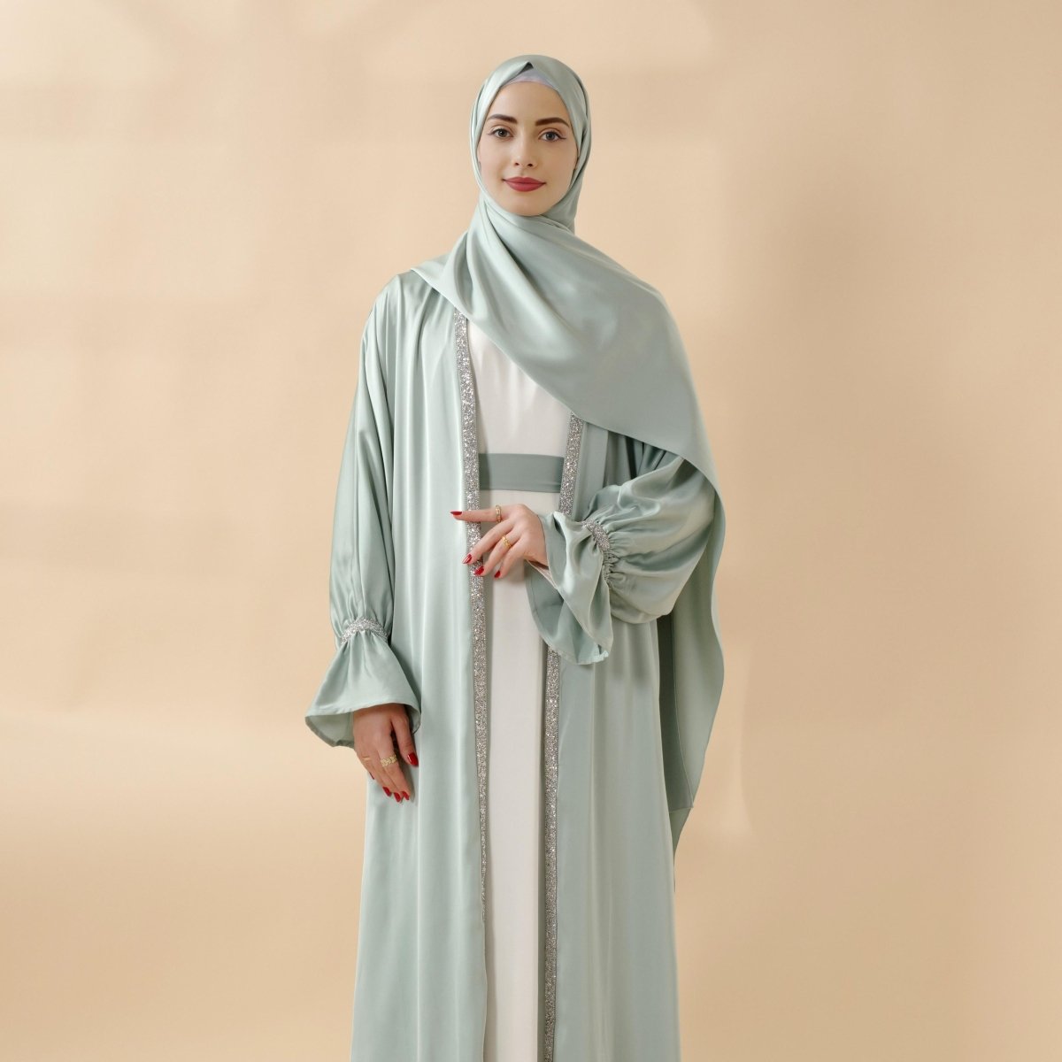 Satin Poet Sleeve Open Abaya Set – 4-Piece Modest Wear