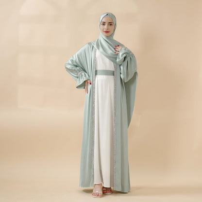 Satin Poet Sleeve Open Abaya Set – 4-Piece Modest Wear